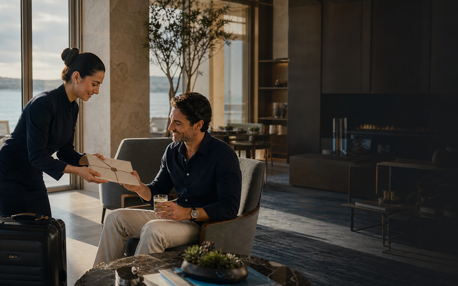 A hotel host presenting a thoughtfully prepared experience to a guest